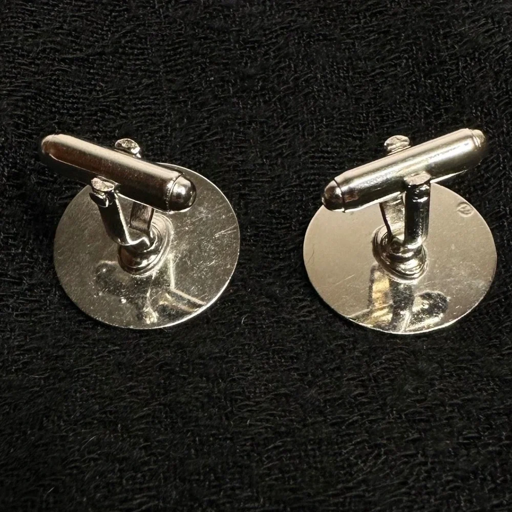 Vintage‎ Round Silver Tone Cufflinks Brushed Finish Rhinestone Accent